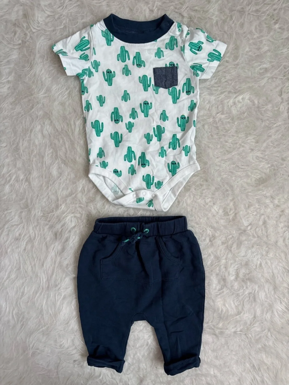 Gymboree Baby Boy White Bodysuit with Green Cactus Print & Navy Joggers